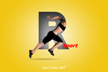 Visual drawing of 3d realistic banner ads women runner on "R" text into marathon sport game, concept lifestyle and health care with weight loss by exercise on black background for vector illustration