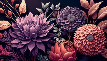 Beautiful flower and leaves design with a seamless pattern, Generative AI