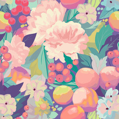 Seamless pattern of peaches and peonies. Pastel color.  - 598367587