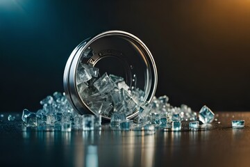 a pile of broken glass on a black surface, a picture of glass shards from an ice bucket.