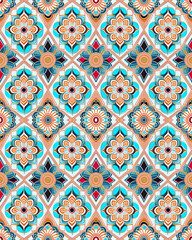 Ornamental Seamless pattern with textures of flowers in lines and relief. Pattern endless of oranges and blue linear flowers with shapes abstract for rapport in white background. Generative AI