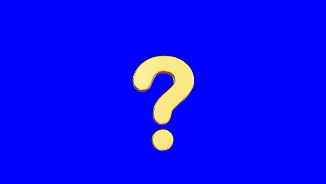 3D animation of a golden colored large question mark symbol on a blue scree background - Chroma key footage