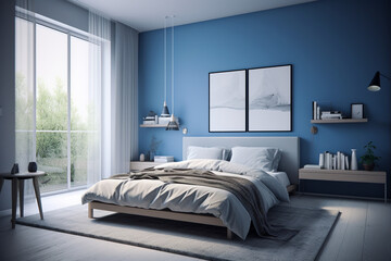  Modern bedroom, clean minimalistic interior design, light blue and white colors. Super photo realistic background, generative ai illustration.