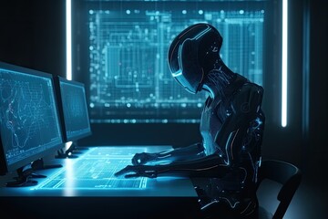 AI Robot Learning Computer, Machine Learning in Action, Robot is teaching, AI Robot at Work, Machine Learning in Action, Robot Experiment, Generative AI