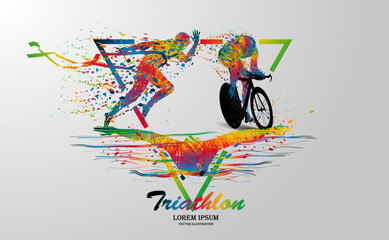 Visual drawing logo swimming, cycling and runner sport at fast of speed in triathlon game, colorful beautiful design style on white background for vector illustration, exercise sport concept
