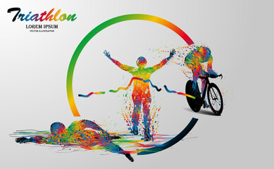 Visual drawing logo swimming, cycling and runner sport at fast of speed in triathlon game. Line colorful beautiful design style on white background for vector illustration, exercise sport concept