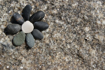 A flower laid out of pebbles on a stone.
