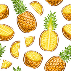 Vector Pineapple Seamless Pattern, repeating background with illustrations of ripe chopped pineapples with green leaves for wrapping paper, group of flat lay peeled pineapple fruits for home interior