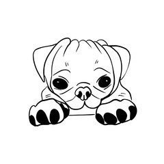 Vector sketch hand drawn silhouette of a sad pug puppy,doodle art with black lines