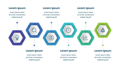 Business infographics template with six steps or options on timeline diagrams.