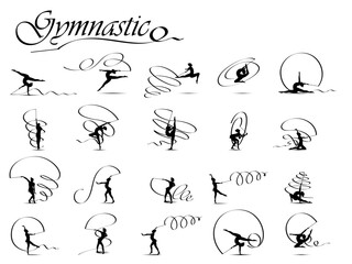 Visual drawing silhouettes of gymnastic game collection,healthy lifestyle and sport concepts,abstract black and white vector illustration