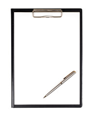 Black tablet with piece of empty paper and pen isolated on white background