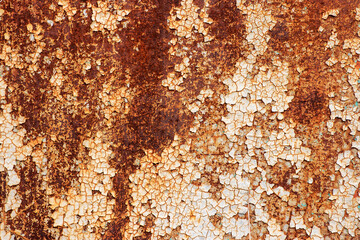 Rusted white painted metal wall. Rusty metal background with streaks of rust. Rust stains.