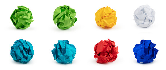 Collection of colorful paper ball on white background.