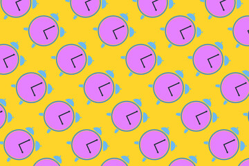 A trendy pattern made of scattered pink clocks on a yellow background