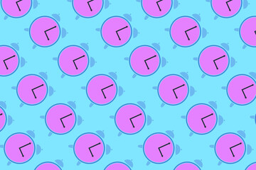 A trendy pattern made of scattered pink clocks on a blue background	