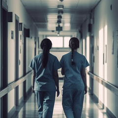 deux personnel hospitalier de dos dans un couloir d'hopital - IA Generative - obrazy, fototapety, plakaty