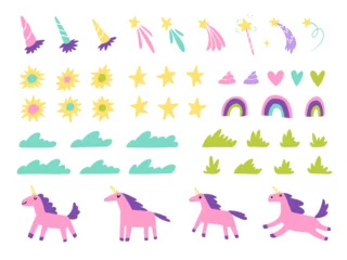 Fotobehang Eenhoorns The Big Magic Set. Unicorn horns, shooting stars, sun flowers, stars, poop, hearts, rainbows, clouds, grass, bushes, pink unicorns. Vector children's naive hand-drawn illustration Generative AI