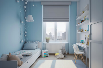 Fototapeta na wymiar Modern childrens room, clean minimalistic interior design, light blue and white colors. Super photo realistic background, generative ai illustration.