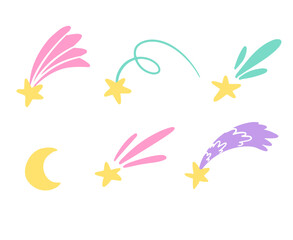 Set with shooting stars and moon isolated on white background. Vector children's naive hand-drawn illustration Generative AI