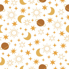 Boho celestial seamless pattern with stars, planet, moon and sun. Pastel colors universe surface design Generative AI