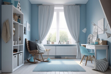 Modern childrens room, clean minimalistic interior design, light blue and white colors. Super photo realistic background, generative ai illustration.