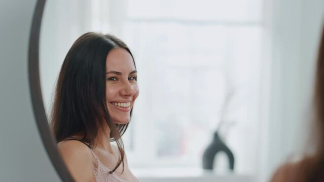 White teeth lady smiling bathroom mirror. Closeup happy woman posing at morning Generative AI