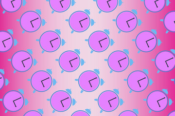 A trendy pattern made of scattered pink clocks on a purple background