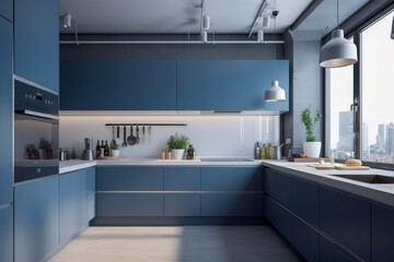 Modern kitchen, clean minimalistic interior design, light blue and white colors. Super photo realistic background, generative ai illustration.