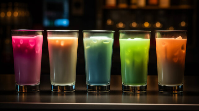 5 leuchtende creamy Cocktails in einer Bar. Generative Ai.