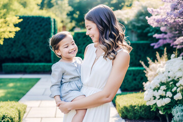 Naklejka premium A young happy mother holding her child in her arms. Both are smiling with joy. A mother's day themed Generative AI illustration.