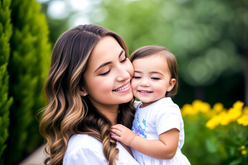 A young happy mother holding her child in her arms. Both are smiling with joy. A mother's day themed Generative AI illustration.