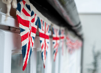 Decorative bunting on a residential building in Amersham, Buckinghamshire UK, to celebrate the...