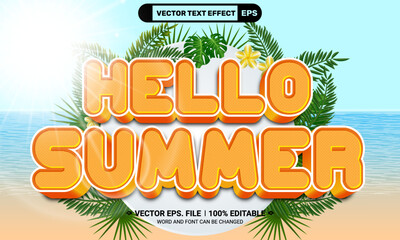Hello summer 3d editable vector text effect with palm leaves