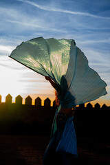 Silhouette of an oriental dancer with the wings of Isis, with the evening light backlit in a...