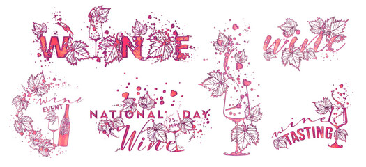 National wine day. Hand drawn elements for invitation cards, advertising banners, menus. Wine glasses with splashing wine. Sketch vector illustration