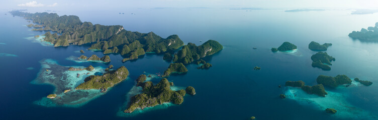 Coral reefs surround the dramatic limestone islands that have been uplifted from Raja Ampat's...