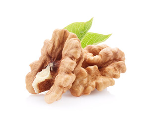 Walnuts in closeup on white background