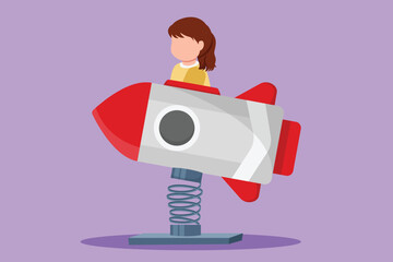 Cartoon flat style drawing happy little girl riding in toy rocket. Kid driving spaceship in amusement park. Child in rocket riding cosmic ship. Playground for kids. Graphic design vector illustration