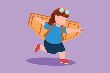 Cartoon flat style drawing happy pretty little girl play toy plane cardboard. Children playing toy plane cardboard. Creative game for kids in an astronaut costume. Graphic design vector illustration
