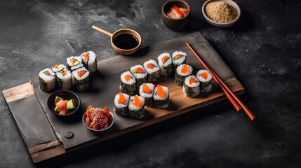 Sushi rolls with rice and fish, soy sauce on a dark stone, top view , generative ai
