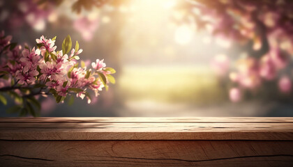 Empty wooden table with blooming pink sakura garden bokeh background. Generative AI.