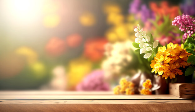 Empty wooden table with blooming garden flowers bokeh background. Generative AI.
