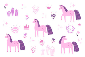 Cute pink unicorn clipart. Kids design concept. Vector illustration.
