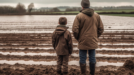 Fototapeta na wymiar Distressed Farming Father and Son Look Over Their Flooded Farmland - Generative AI.