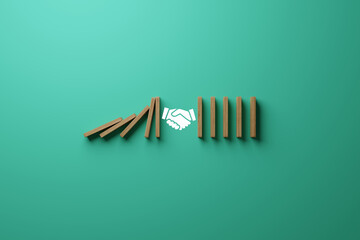 Dominoes falling over, stopped by hand and mediator. The concept of mediation and the use of mediator services. Mediation help for people in problems. 3D render, 3D illustration.