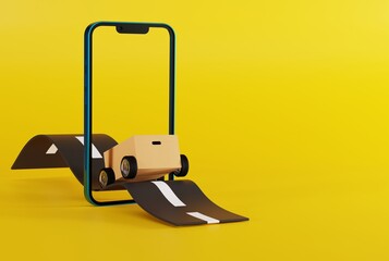 The road outgoing by phone and courier parcel on wheels. Business and transportation concept. Logistics work, parcel delivery. 3D render, 3D illustration.