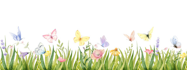 Watercolor border with butterflys, green grass and wildflowers. Greenery flower for wedding invitation, digital projects, Easter, Mother day card decoration, textiles, stationery design.