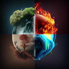 Four Elements of Nature, Earth planet as a collage of abstract backgrounds from Fire, Water, Earth, and Air concept, Ai generated