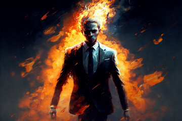 illustration of businessman on fire, ai generated